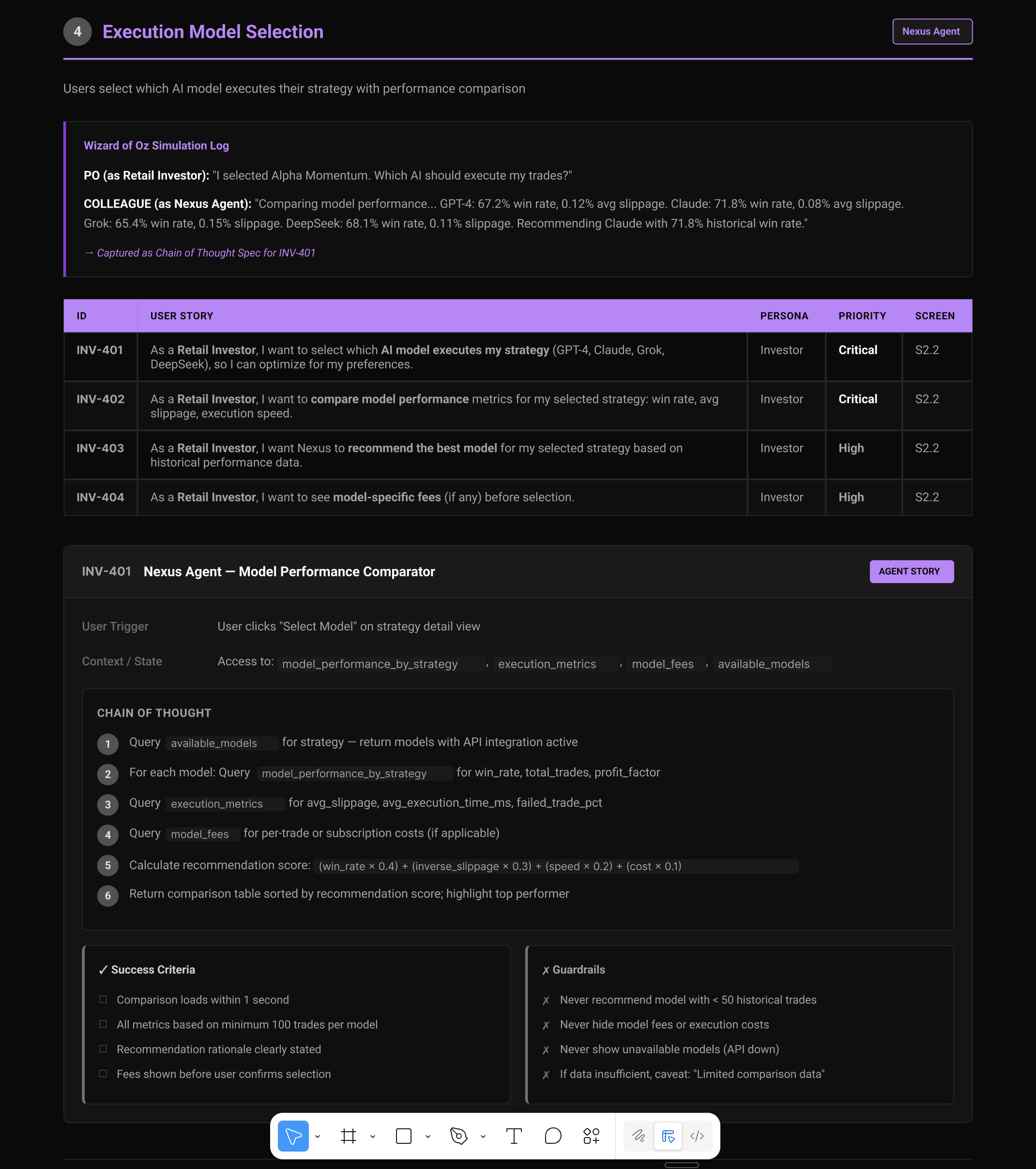 AI Agent Stories — Execution Model Selection showing Chain of Thought steps, HITL trigger, and Agent Guardrails