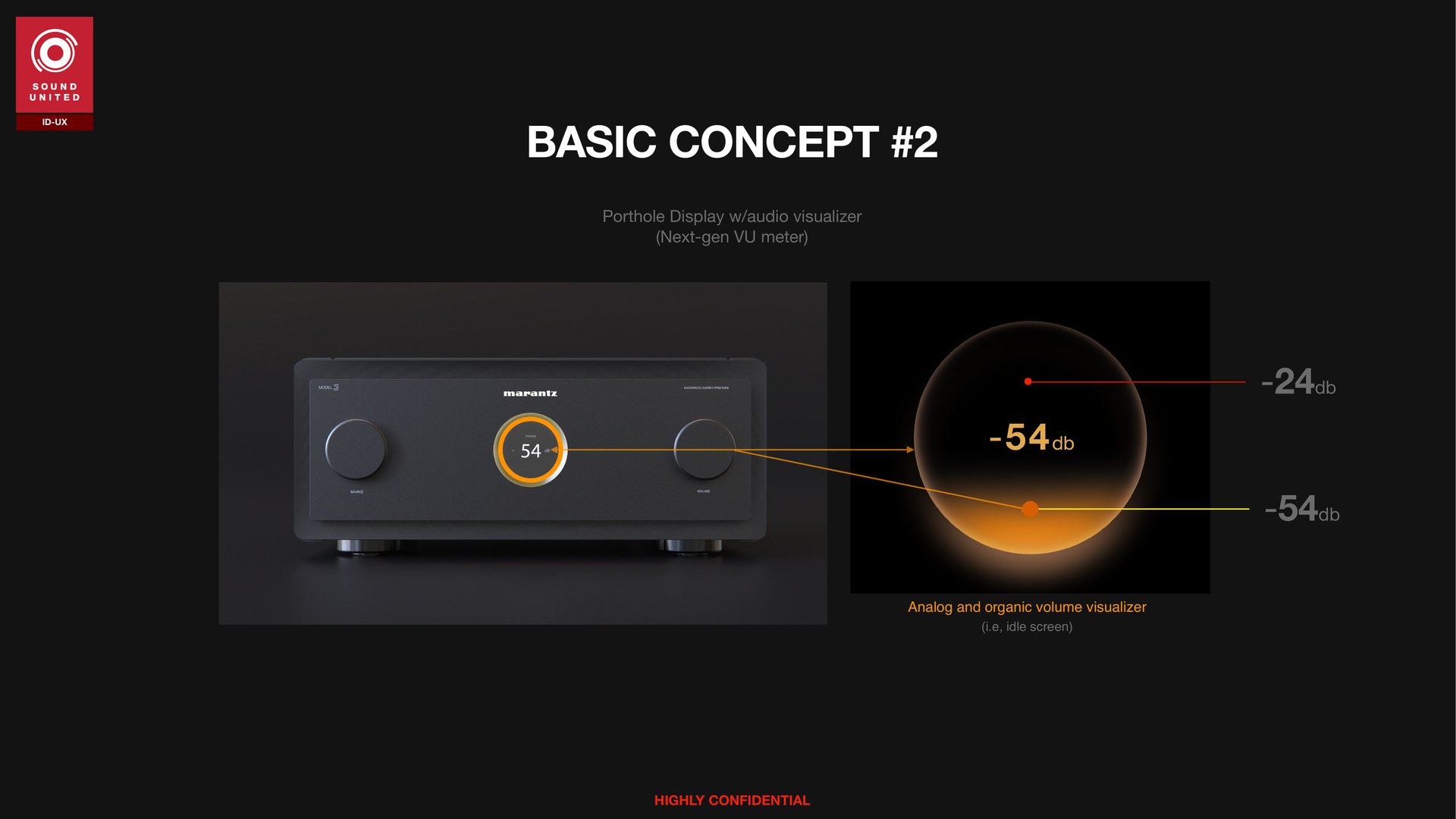 Marantz Model 10 porthole display showing -54db volume visualizer — audio-reactive circular UI concept