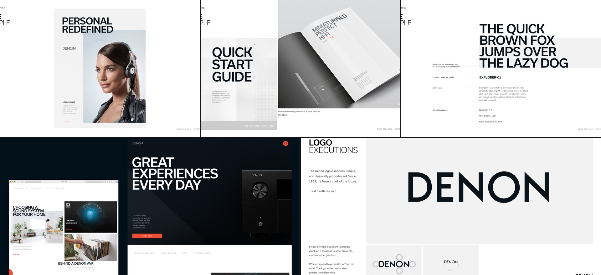 Denon brand guidelines — product editorial, brochure design, typography system, website and logo executions