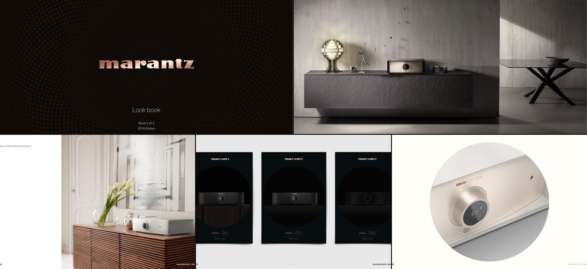 Marantz brand look book — cover wordmark, dark lifestyle editorial, copper front panel, Model 60 poster triptych, cream product