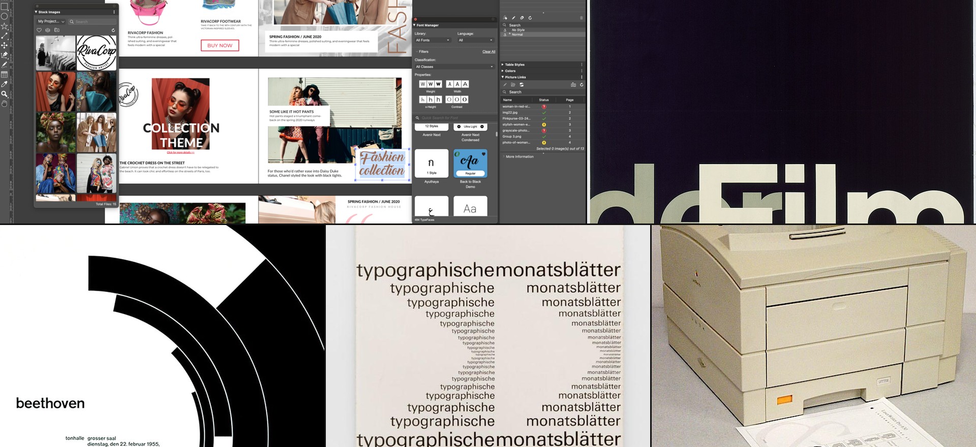 QuarkXPress design system collage — layout examples, typography, Swiss grid design