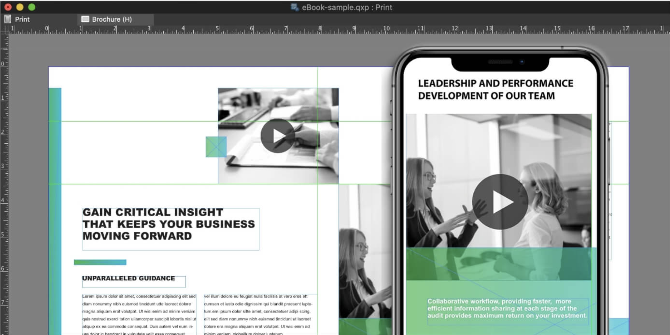 Quark Interactive Designer — green color layout example, interactive feature set