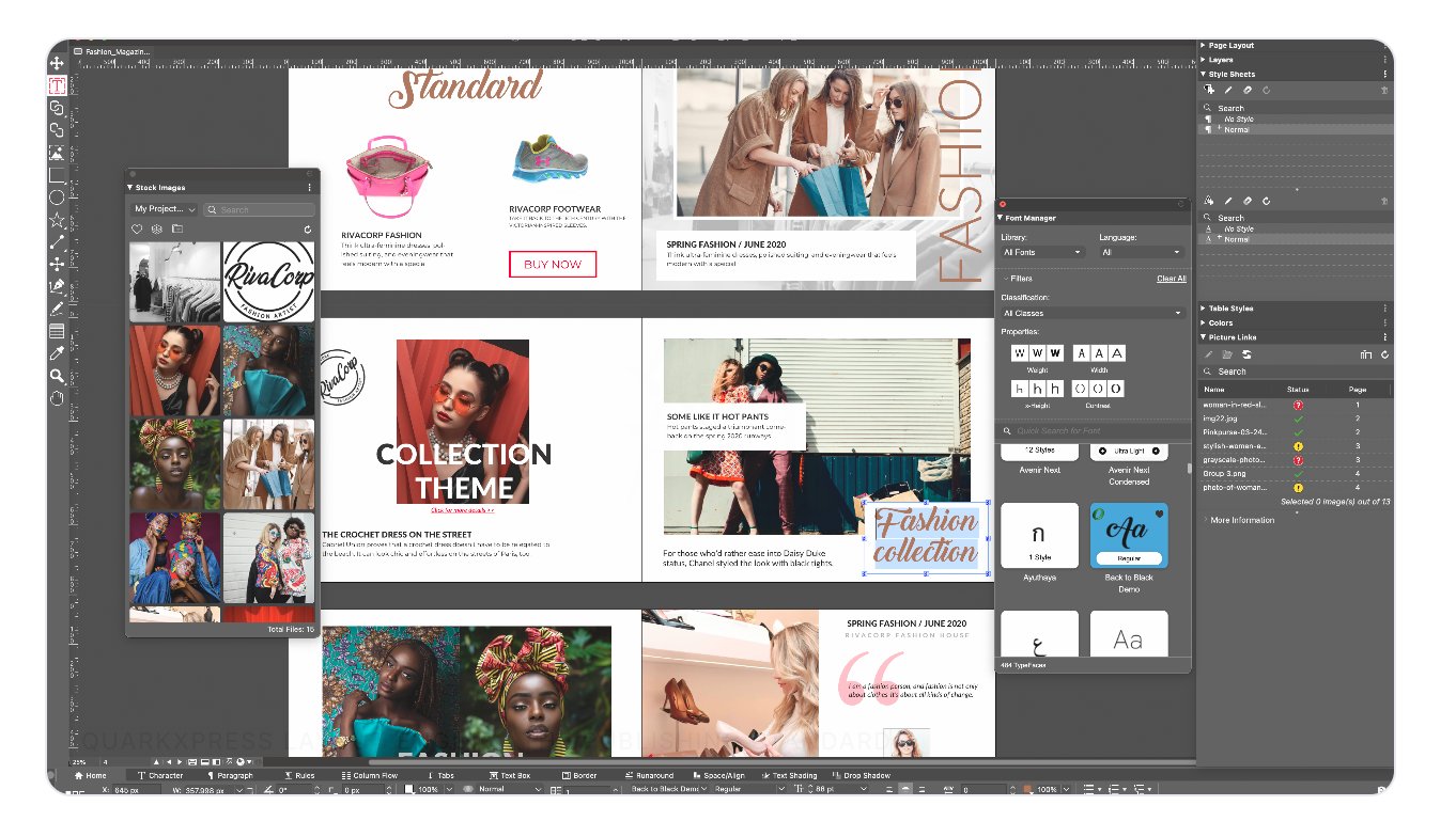 QuarkXPress application — fashion magazine layout with Font Manager palette